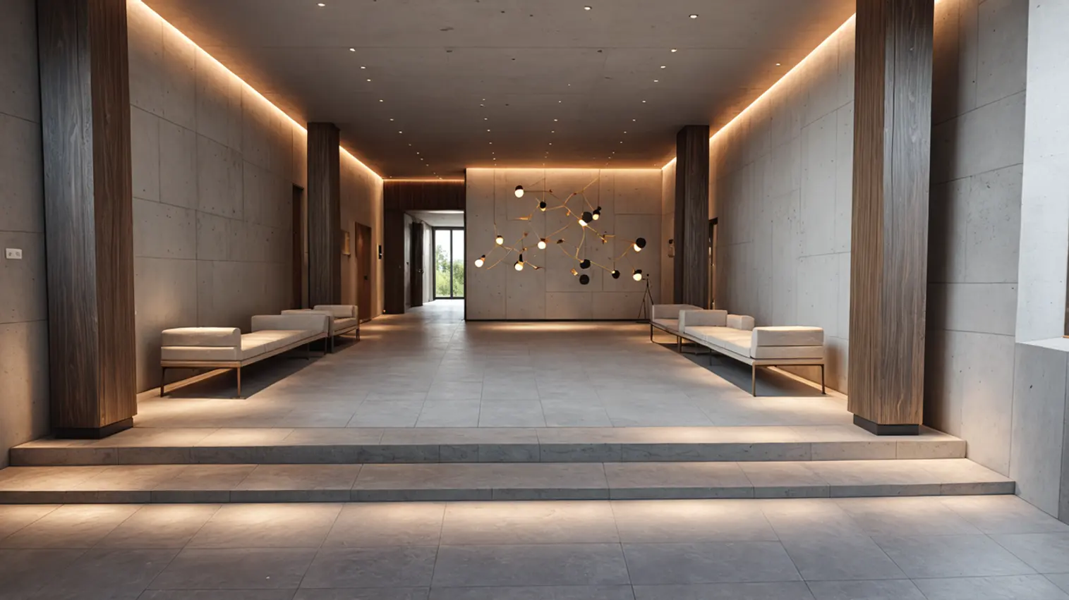 Calm, softly lit entrance hall with timber columns and benches