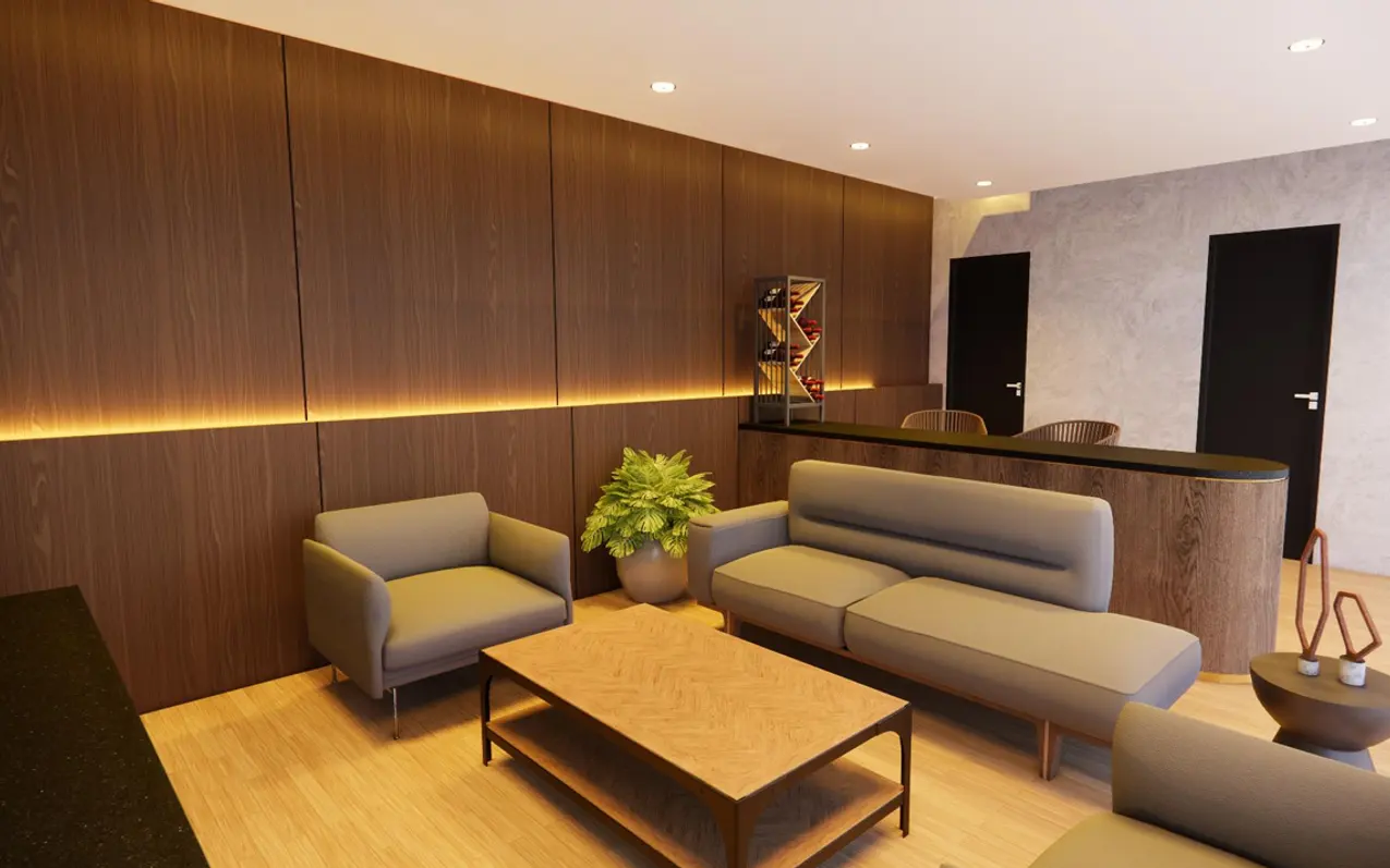 Warm lounge with timber walls and soft sofas
